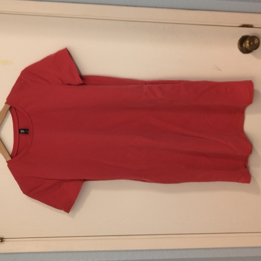 Zara Peachy Pink Nylon Blend Short Sleeves & Pockets Mini T-Shirt Dress Size M